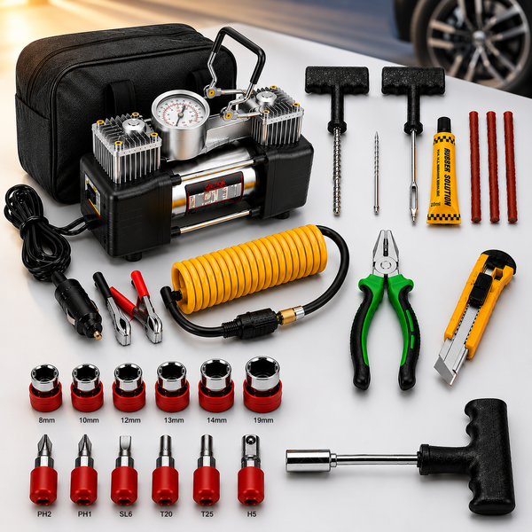 طقم الطوارئ المتكامل للسيارة 5 في 1 | منفاخ هواء 150 PSI + عدة إصلاح الإطارات + طقم مفاتيح احترافي + أدوات صيانة