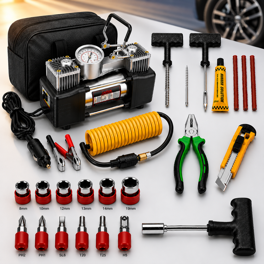 طقم الطوارئ المتكامل للسيارة 5 في 1 | منفاخ هواء 150 PSI + عدة إصلاح الإطارات + طقم مفاتيح احترافي + أدوات صيانة